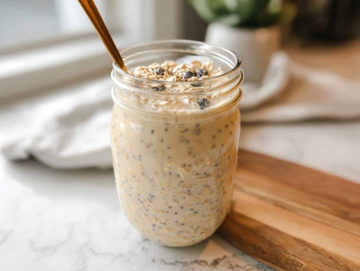 A glass mason jar filled with creamy Vanilla Chia Protein Oats, topped with dry oats and berries.