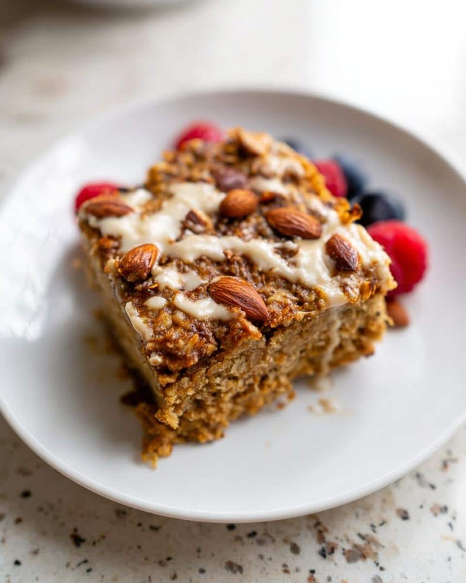 Close-up of a Vanilla Protein Oatmeal Breakfast Bars slice topped with white glaze and whole almonds, served with fresh berries.