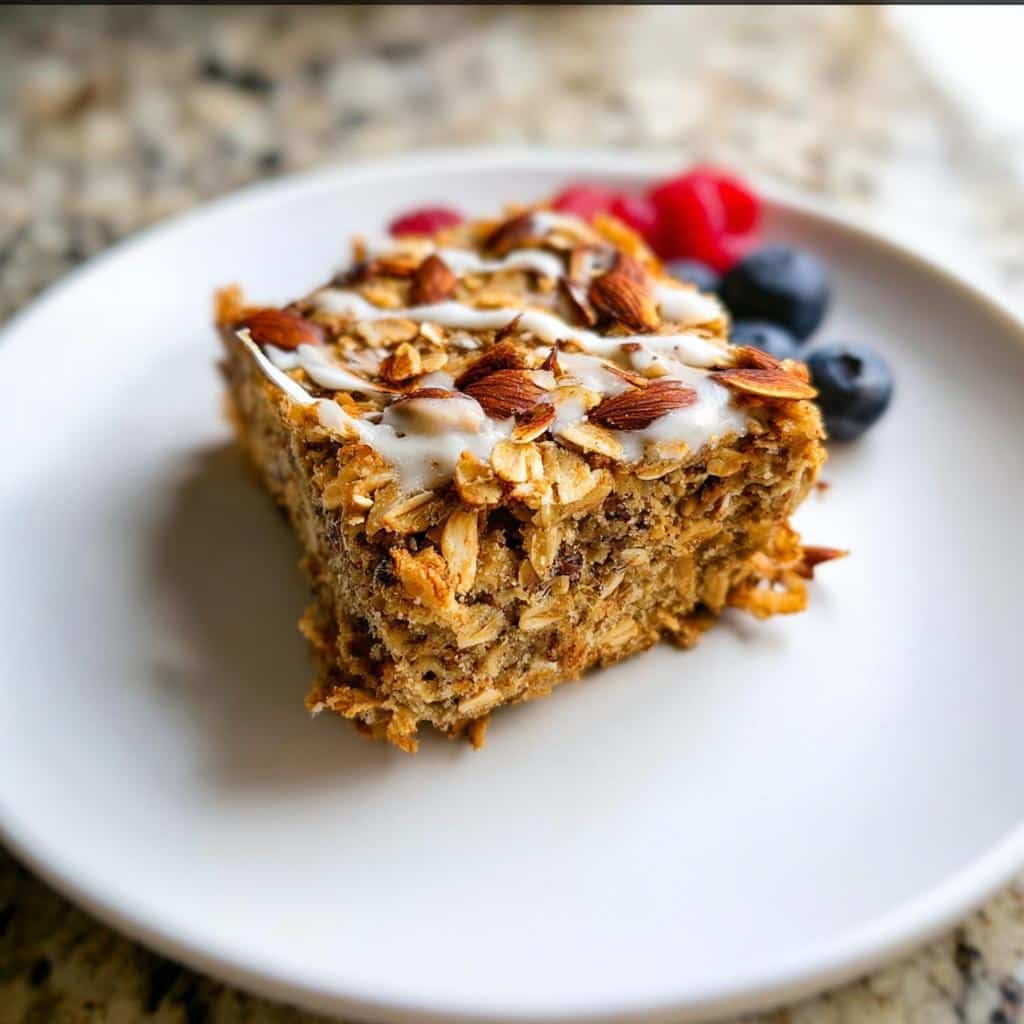 A single serving of Vanilla Protein Oatmeal Breakfast Bars topped with sliced almonds and white icing, served with fresh blueberries and raspberries.