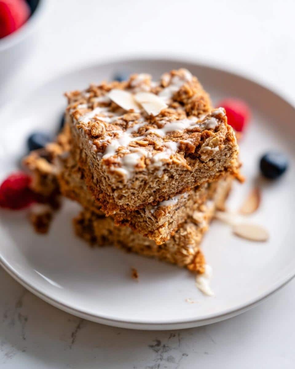 Two stacked Vanilla Protein Oatmeal Breakfast Bars drizzled with white icing and garnished with almonds and berries.