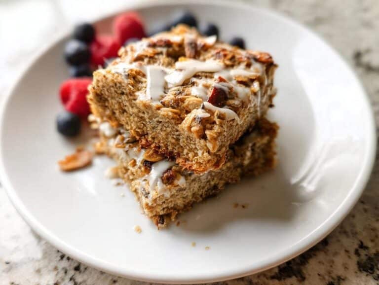 Two stacked Vanilla Protein Oatmeal Breakfast Bars drizzled with icing and served with fresh blueberries and raspberries.