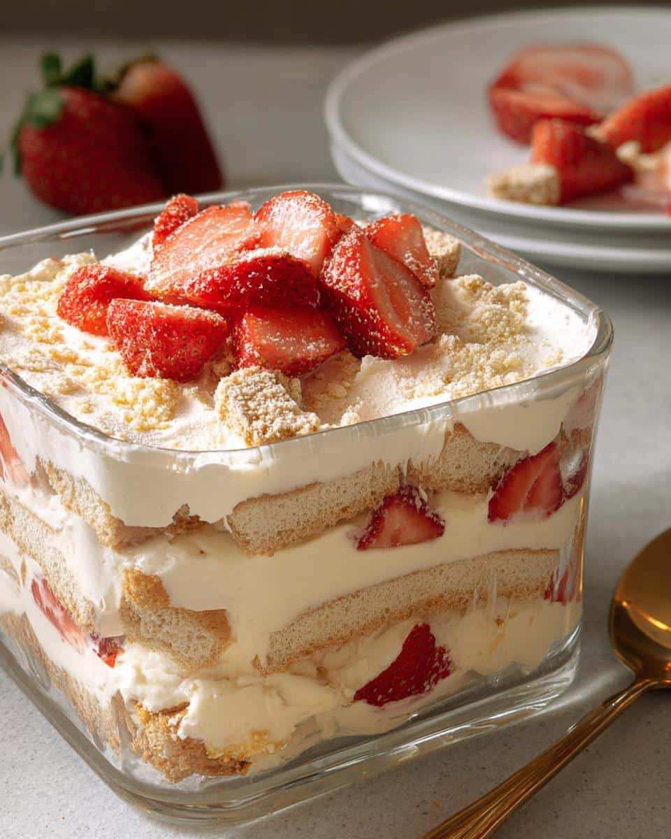 Close-up of a square glass dish filled with Vanilla Pudding Layered Dessert featuring layers of cream, crunchy wafers, and fresh strawberries.