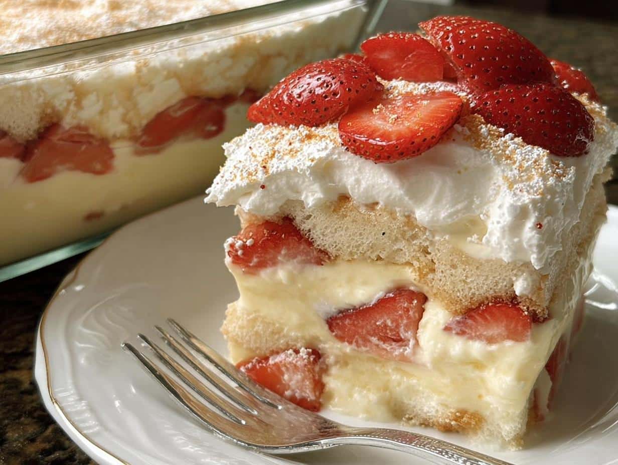 A generous slice of Vanilla Pudding Layered Dessert featuring layers of sponge cake, creamy pudding, strawberries, and whipped cream.
