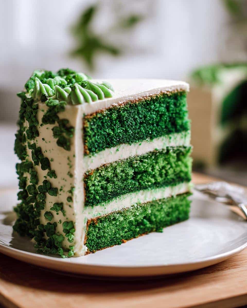 A tall slice of vibrant green Vanilla Shamrock Cake layered with white frosting, decorated with shamrock sprinkles.