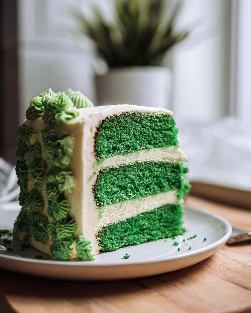 A tall slice of three-layer Vanilla Shamrock Cake with bright green sponge and white frosting.