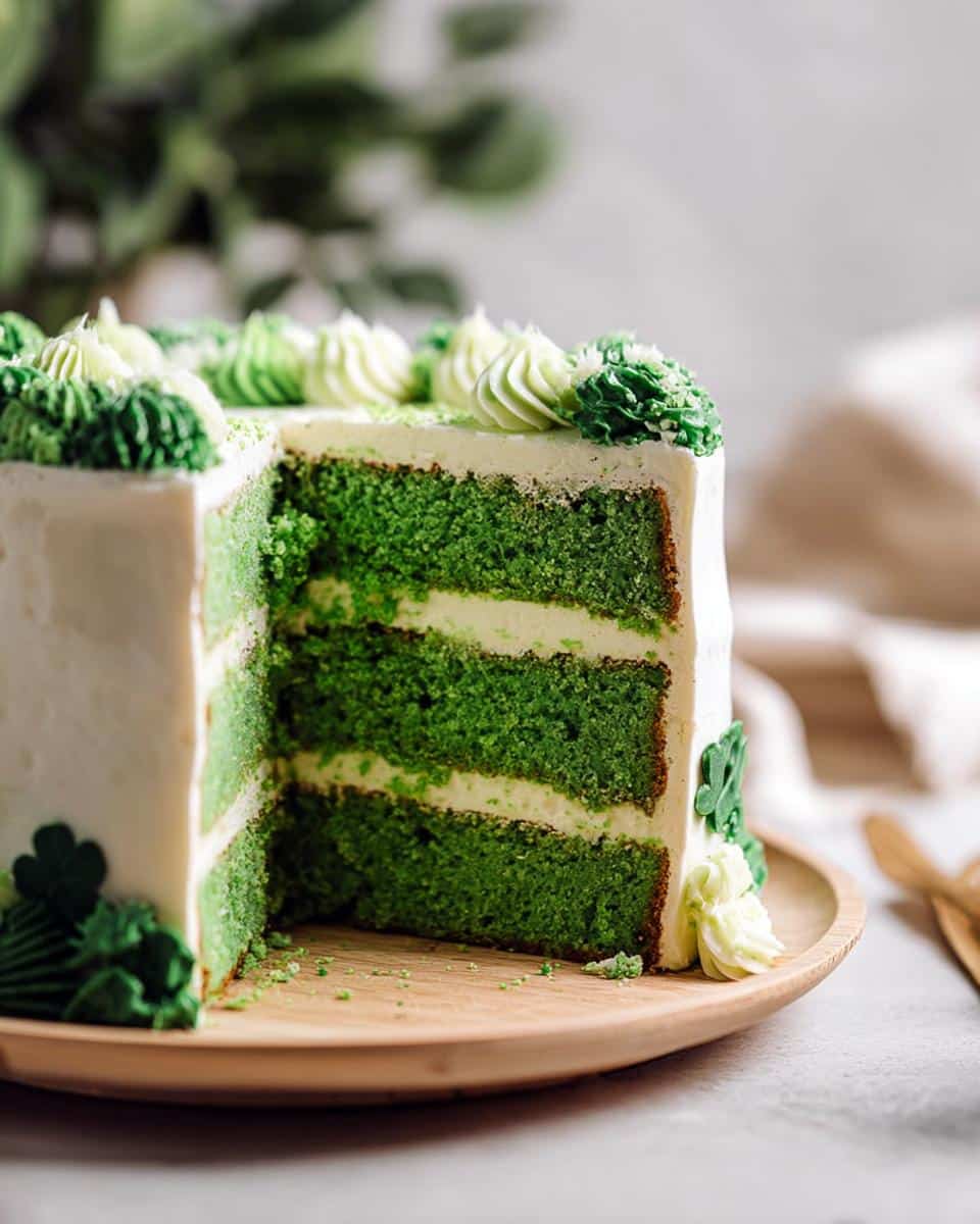 Close-up of a slice cut from a vibrant green layered Vanilla Shamrock Cake with white frosting layers and green piped decorations.