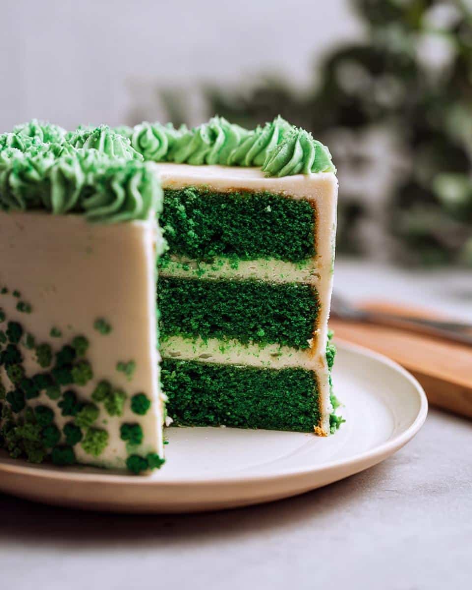 A close-up slice of a three-layer Vanilla Shamrock Cake featuring vibrant green cake layers and white frosting.