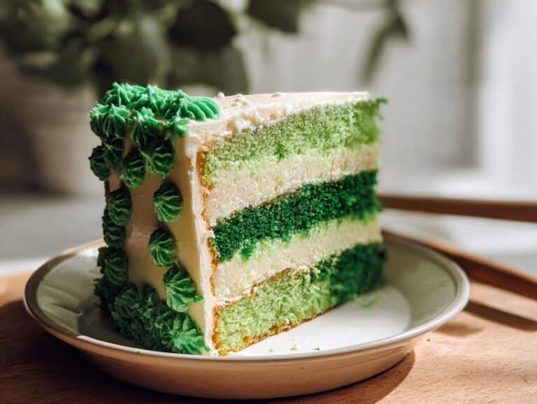 A tall slice of Vanilla Shamrock Cake featuring alternating layers of light green, dark green, and white cake with white frosting.