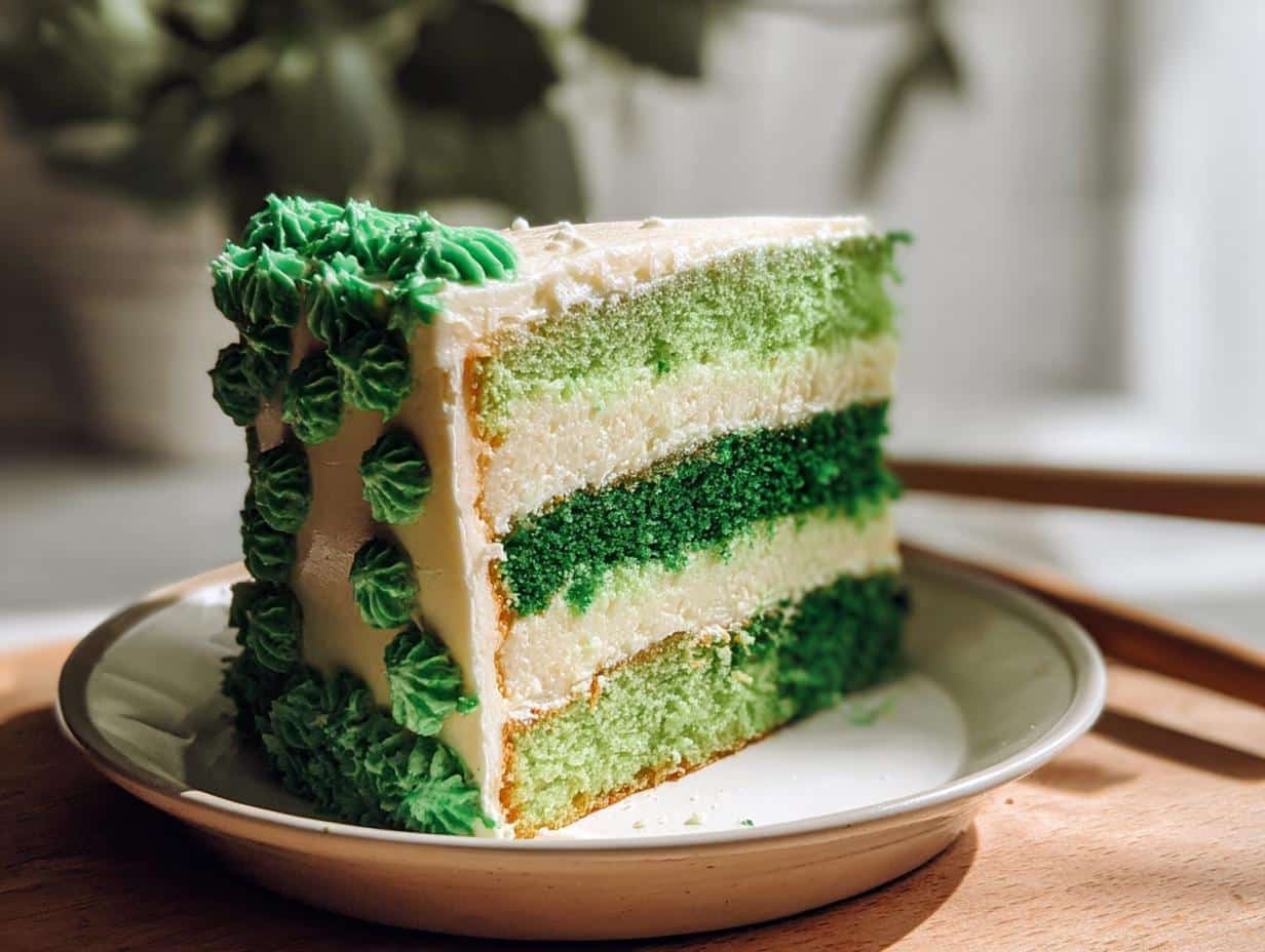 A tall slice of Vanilla Shamrock Cake featuring alternating layers of light green, dark green, and white cake with white frosting.