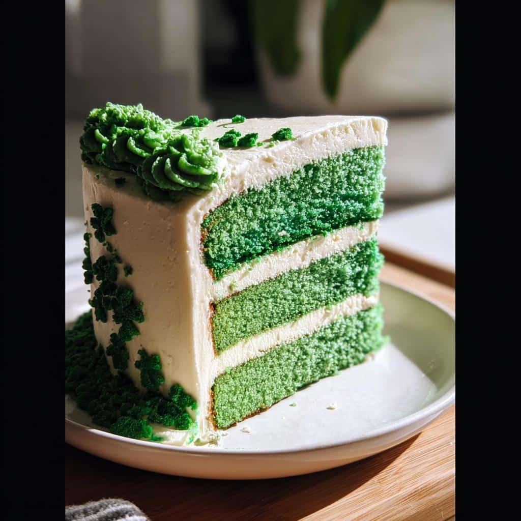 A tall slice of layered Vanilla Shamrock Cake featuring vibrant green cake layers and thick white frosting, decorated with green shamrocks.