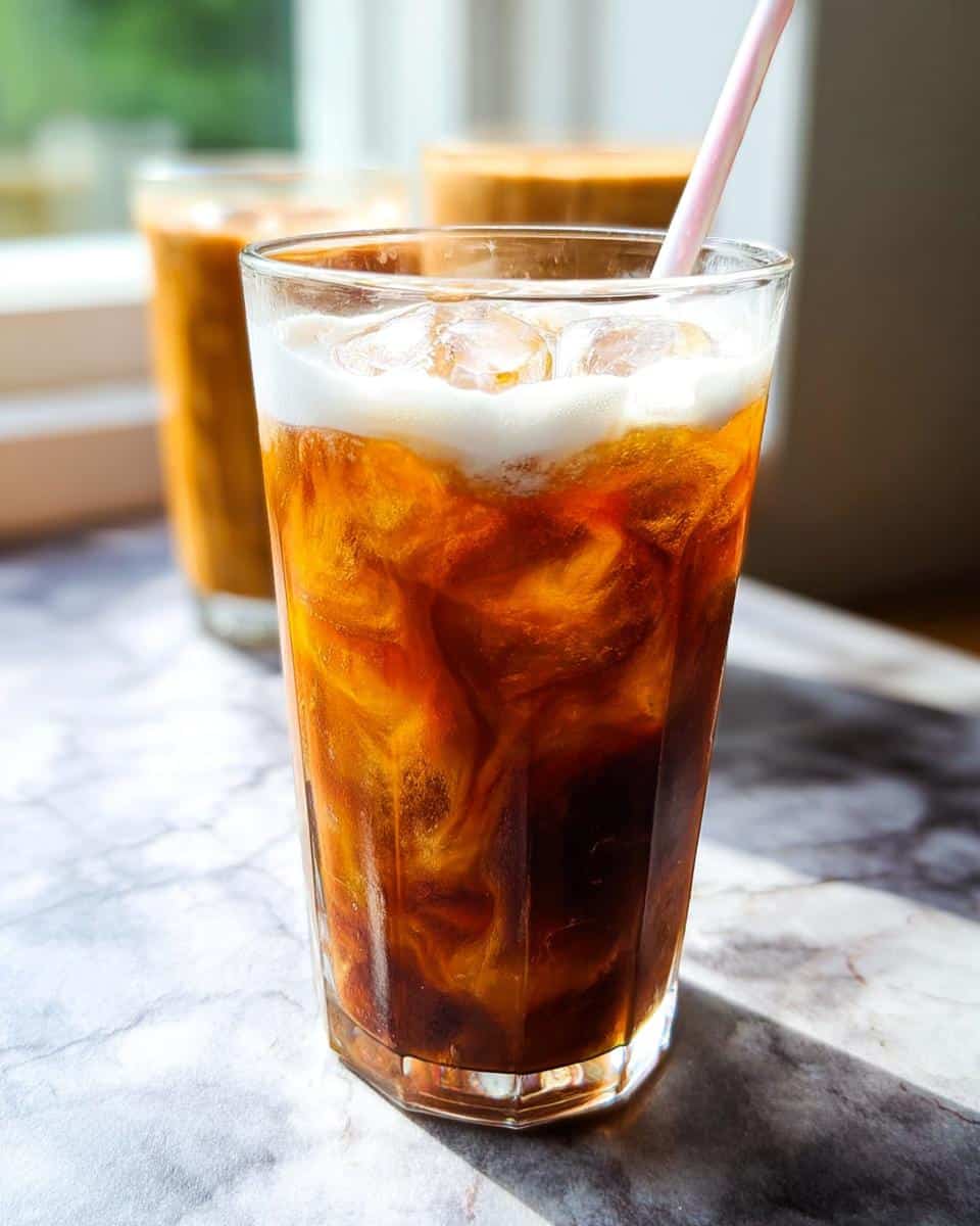 Close-up of Vanilla Sweet Cream Cold Brew with sweet cream swirling into dark coffee over ice.