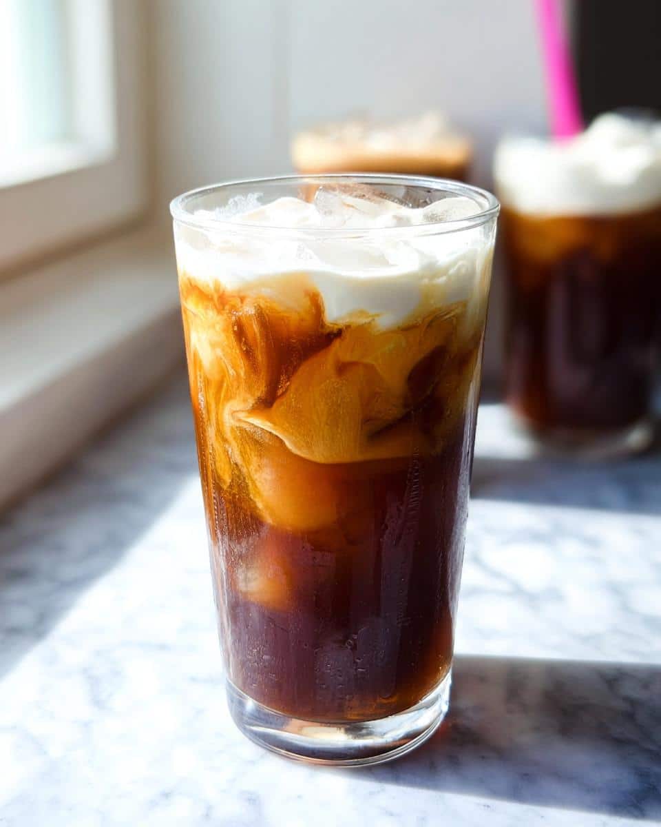 Close-up of Vanilla Sweet Cream Cold Brew showing the sweet cream swirling into the dark cold brew coffee over ice.