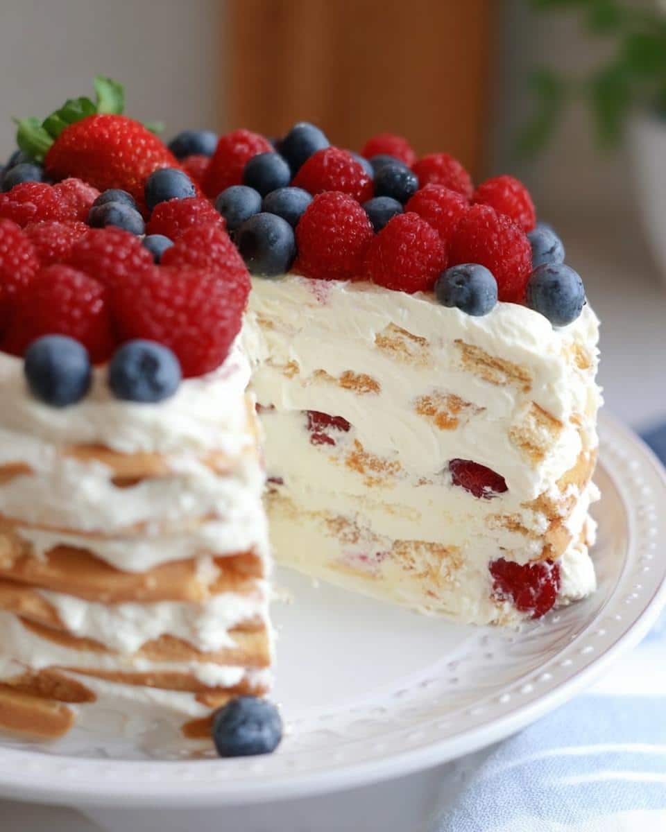 A slice removed from a Vanilla Wafer Icebox Cake showing layers of wafers, cream, and berries, topped with fresh raspberries and blueberries.