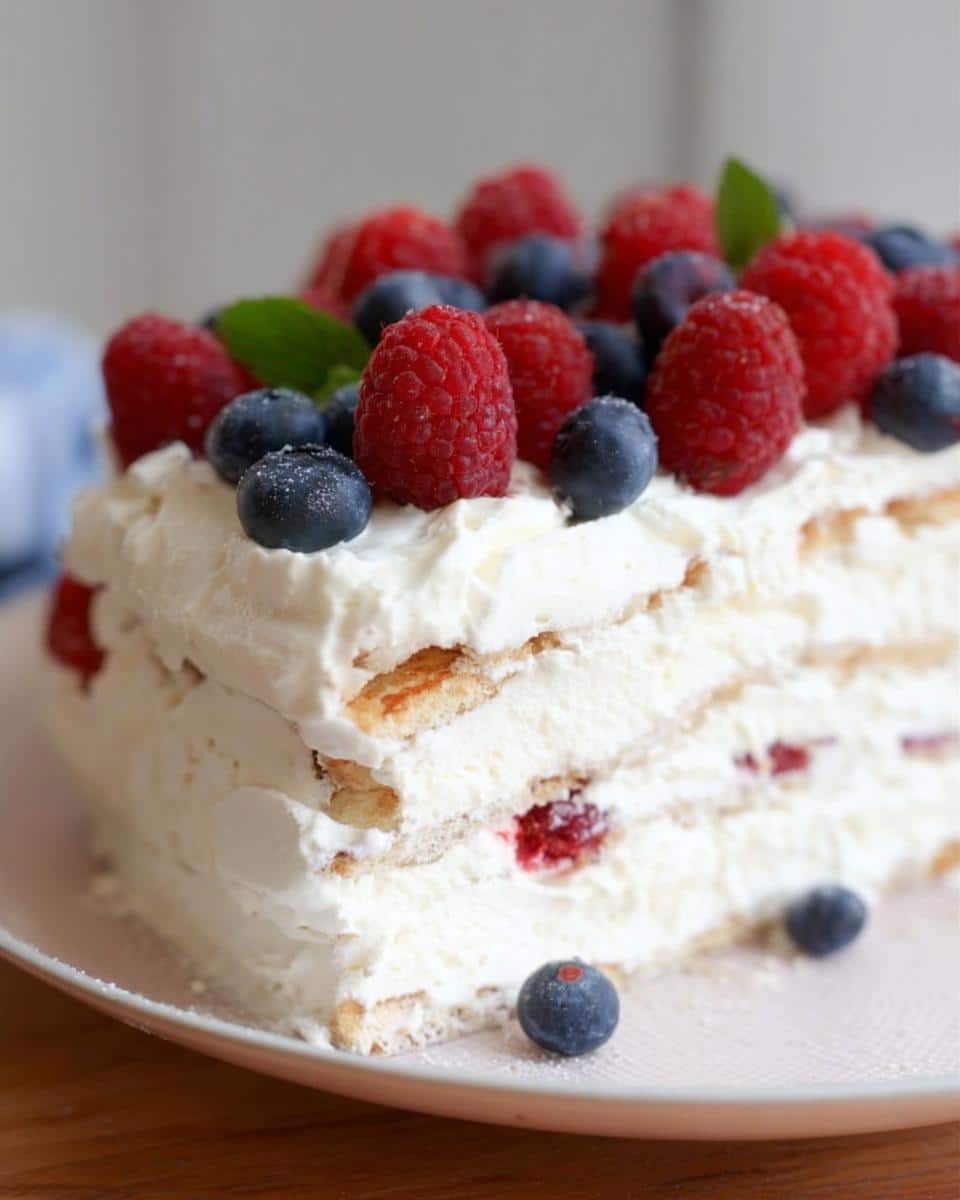 A slice of layered Vanilla Wafer Icebox Cake topped with whipped cream, fresh raspberries, and blueberries.