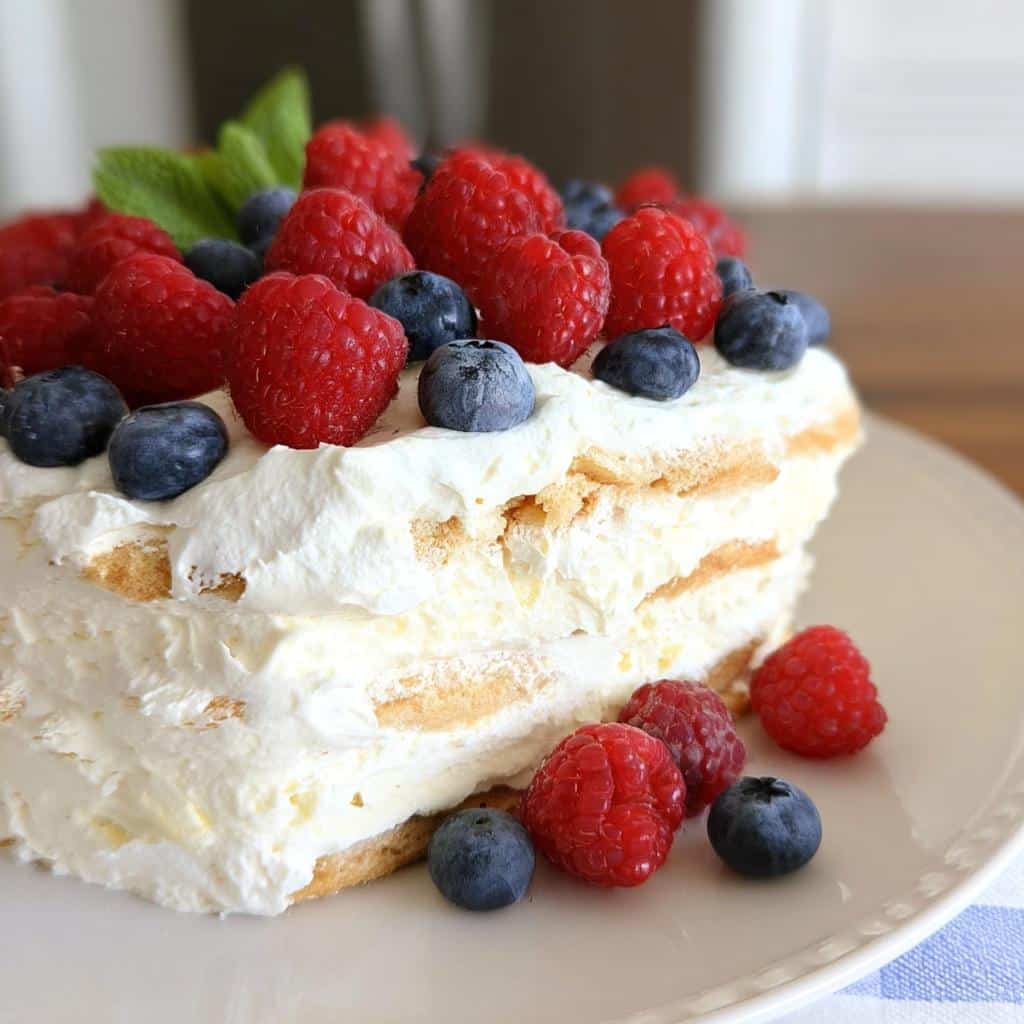 A slice of Vanilla Wafer Icebox Cake layered with cream and topped with fresh raspberries and blueberries.