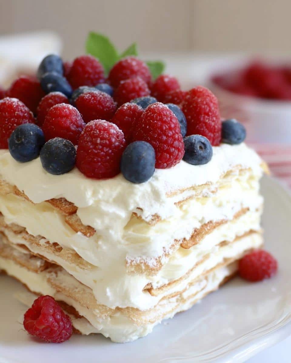 A slice of layered Vanilla Wafer Icebox Cake topped with whipped cream, fresh raspberries, and blueberries.