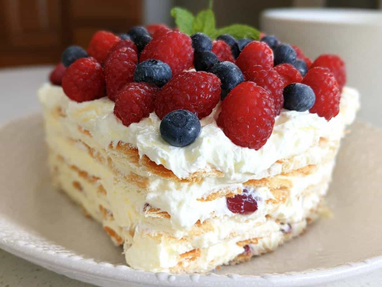 A layered slice of Vanilla Wafer Icebox Cake topped with whipped cream, fresh raspberries, and blueberries.