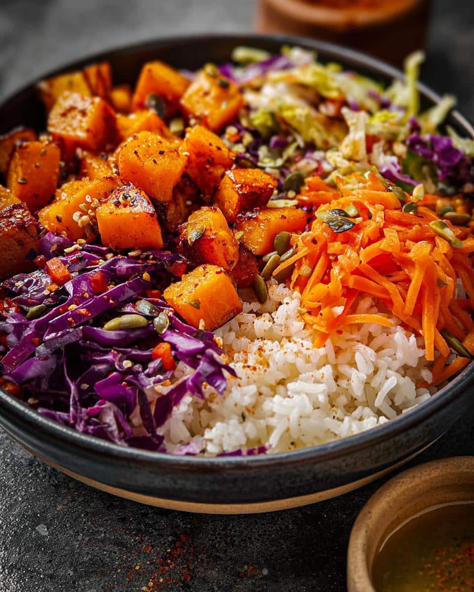 Close-up of a vibrant Veggie Rice Bowl featuring roasted orange squash, shredded carrots, purple cabbage, and pumpkin seeds over white rice.