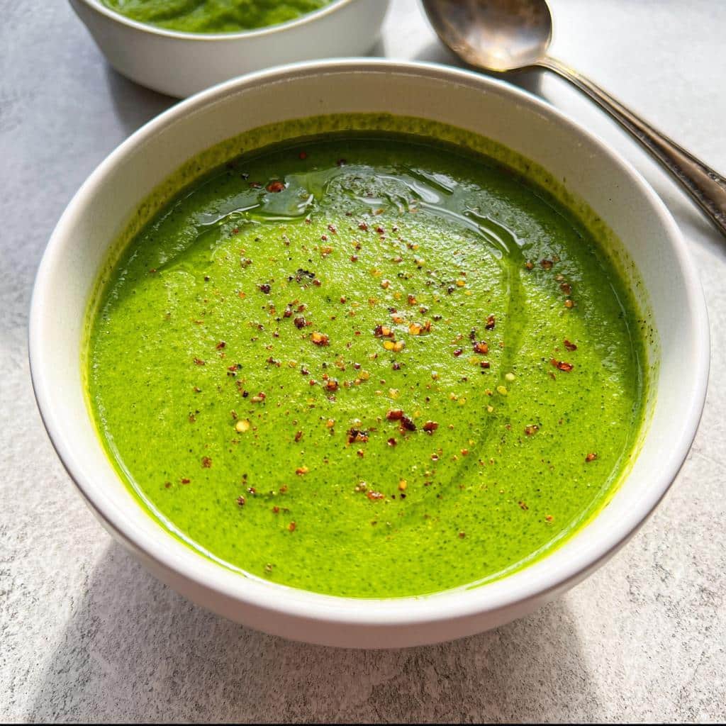 Close-up of a vibrant Green Detox Soup topped with olive oil and red pepper flakes in a white bowl.